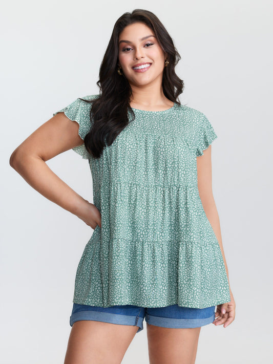 Leopard Print Tiered Flutter Sleeve Knit Top