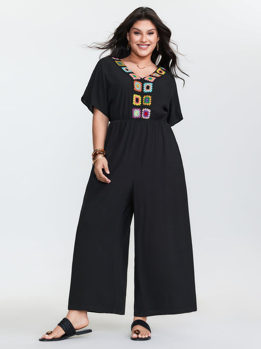 Colorful Crochet Neckline Plain Jumpsuit