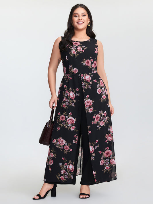 Floral Print Layered Contrast Jumpsuit