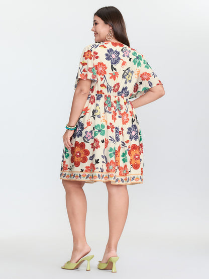Colorful Floral Print V-Neck Mini Dress
