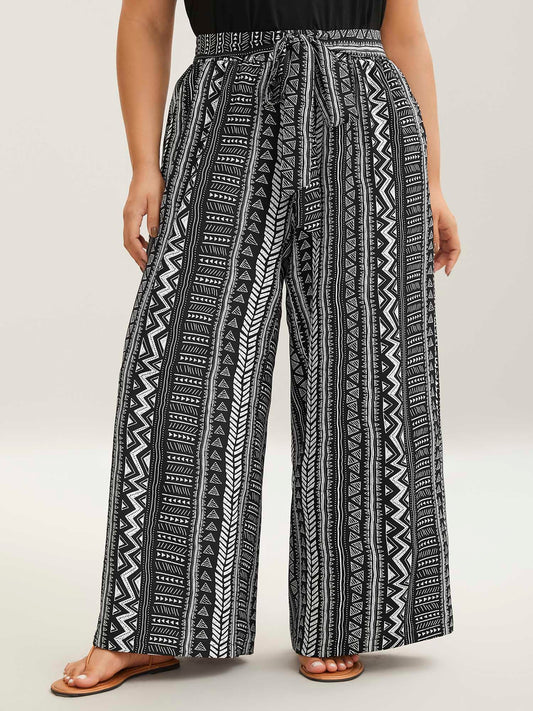 Waist-Tie Wide-Leg Boho Print Pants