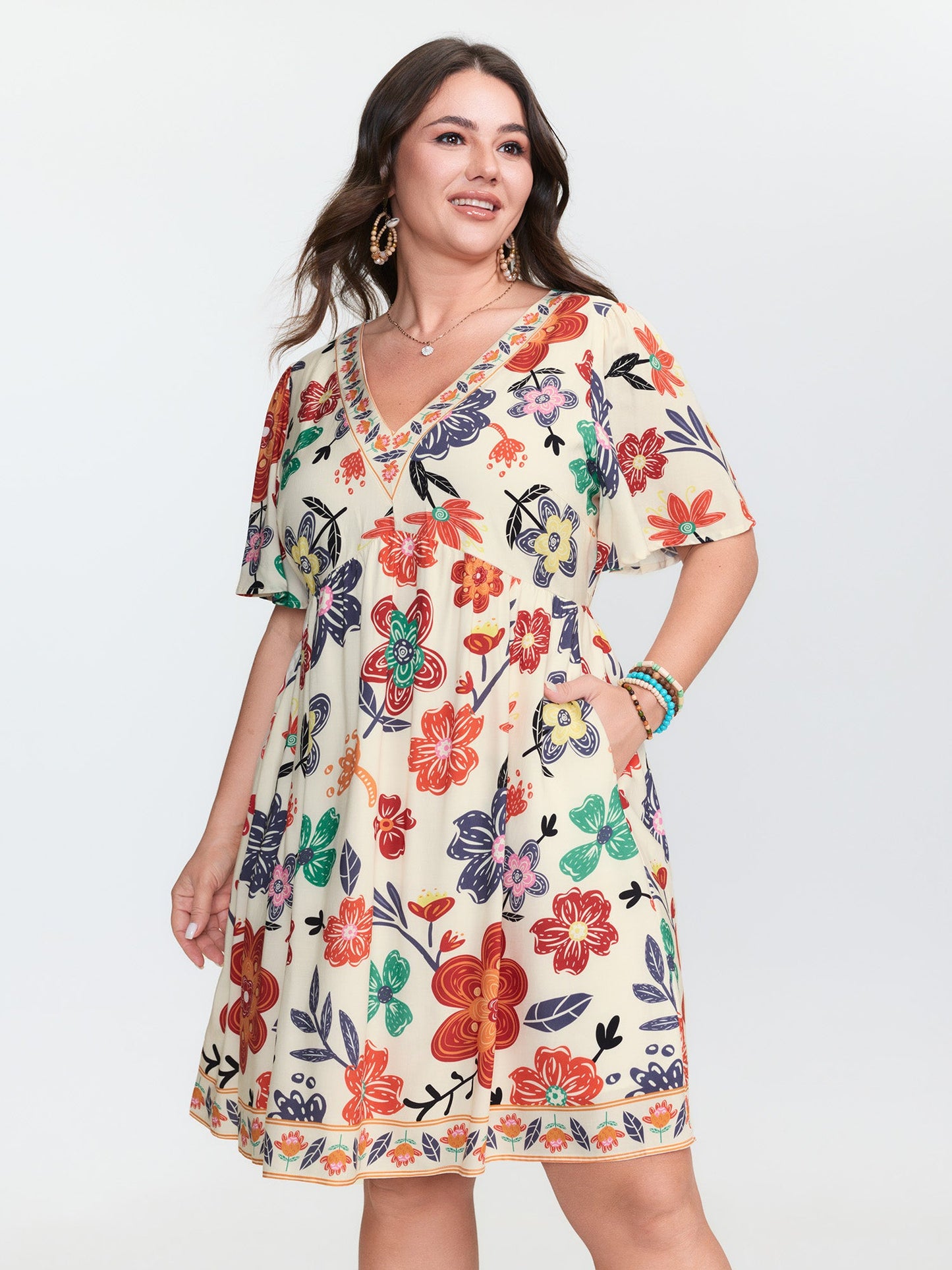 Colorful Floral Print V-Neck Mini Dress